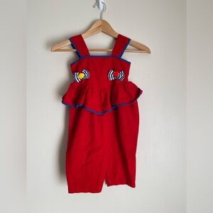 Vintage red corduroy overalls with peplum and bows. Adjustable straps. Size 24m